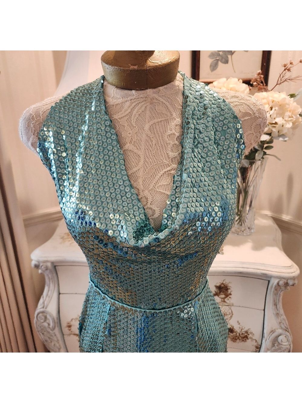 Vintage Lillie Rubin Liquid Sequin Seafoam Green Evening Dress Gown 8 - Picture 5 of 12
